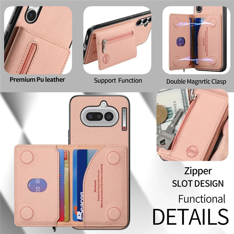 For Nothing Phone (4a) Case Zipper Card Holder Kickstand Jeans Cloth Texture Leather Back Cover - Pink