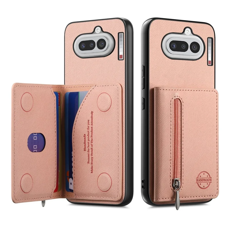 For Nothing Phone (4a) Case Zipper Card Holder Kickstand Jeans Cloth Texture Leather Back Cover - Pink