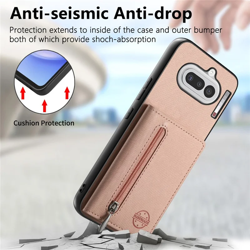 For Nothing Phone (4a) Case Zipper Card Holder Kickstand Jeans Cloth Texture Leather Back Cover - Pink