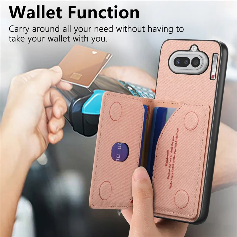 For Nothing Phone (4a) Case Zipper Card Holder Kickstand Jeans Cloth Texture Leather Back Cover - Pink