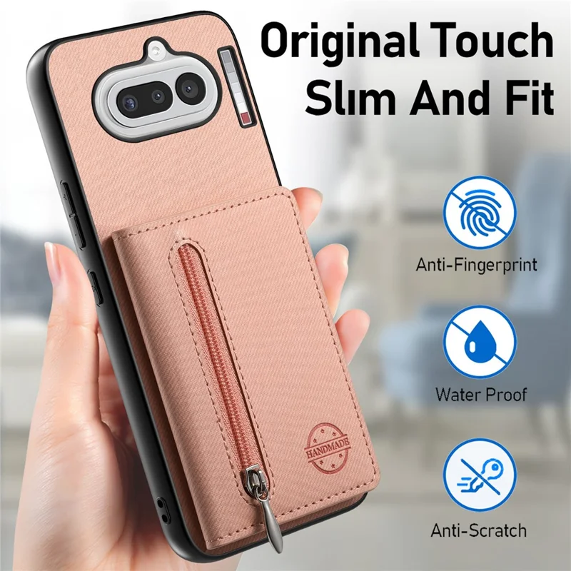 For Nothing Phone (4a) Case Zipper Card Holder Kickstand Jeans Cloth Texture Leather Back Cover - Pink