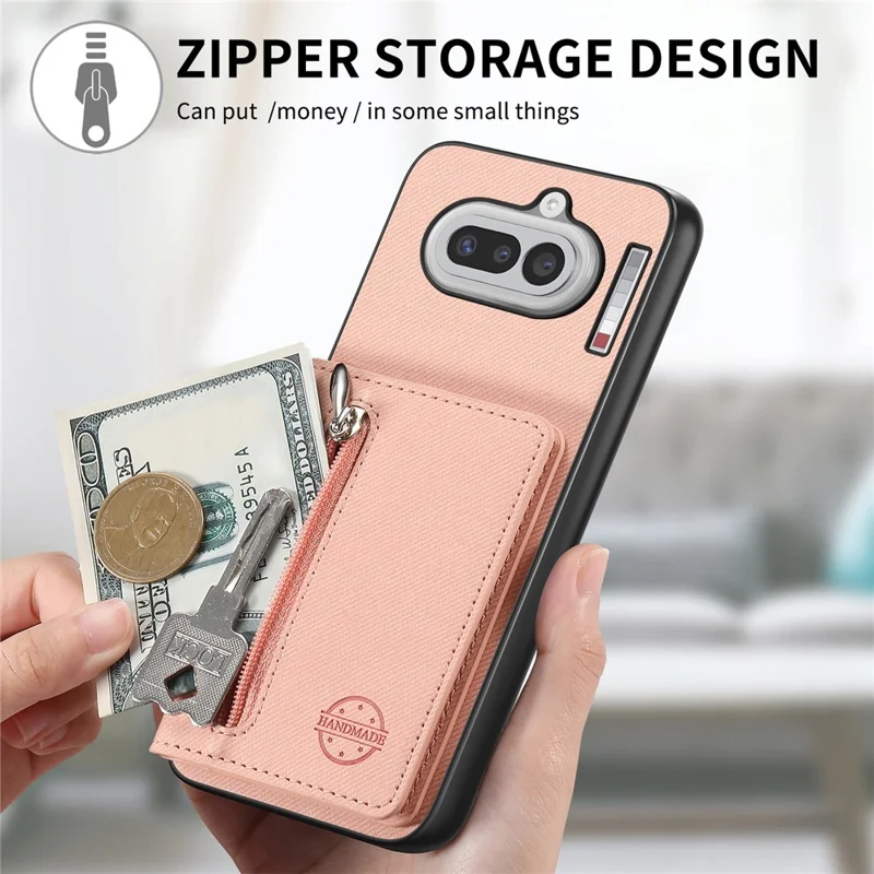 For Nothing Phone (4a) Case Zipper Card Holder Kickstand Jeans Cloth Texture Leather Back Cover - Pink