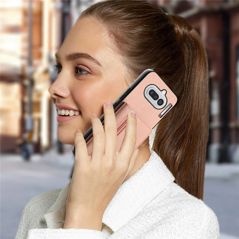 For Nothing Phone (4a) Case Zipper Card Holder Kickstand Jeans Cloth Texture Leather Back Cover - Pink