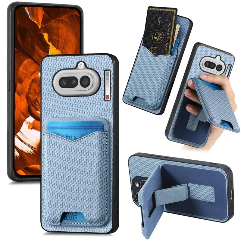 For Nothing Phone (4a) Case Card Holder Kickstand Carbon Fiber Texture Back Cover - Blue