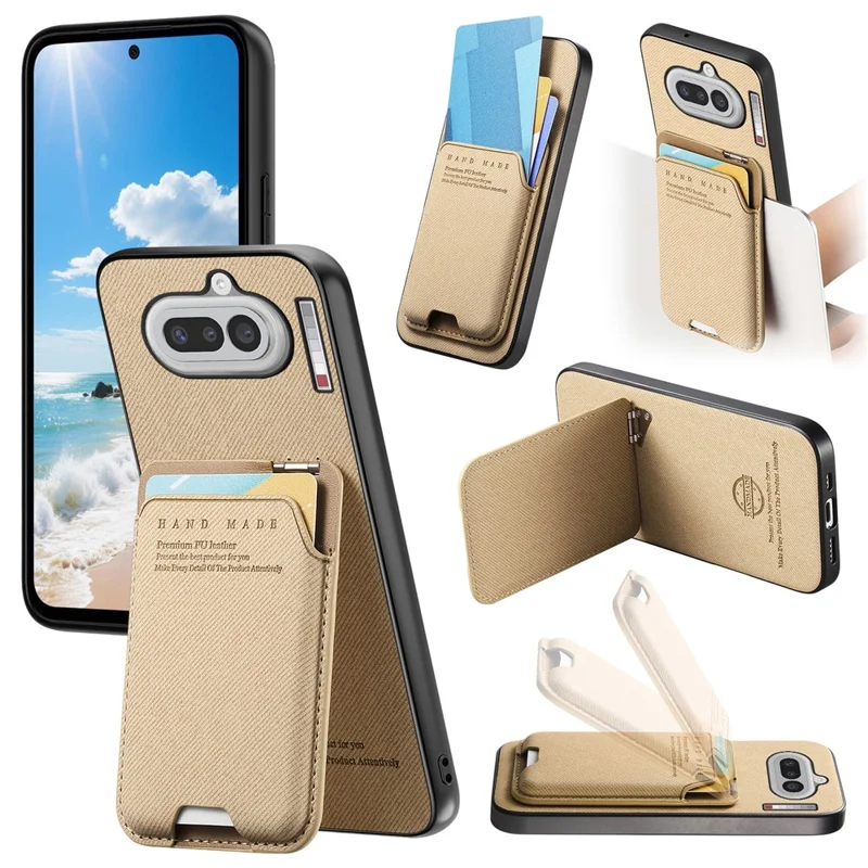 For Nothing Phone (4a) Case Cloth Texture Leather + PC + TPU Phone Cover with Card Holder Kickstand - Khaki
