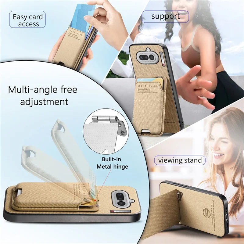 For Nothing Phone (4a) Case Cloth Texture Leather + PC + TPU Phone Cover with Card Holder Kickstand - Khaki