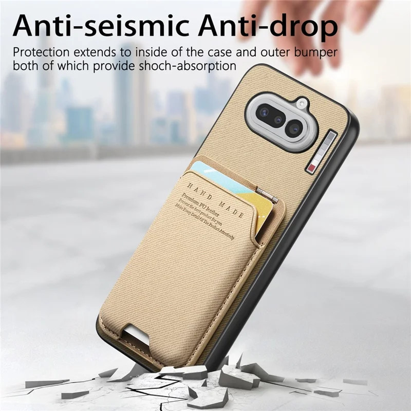 For Nothing Phone (4a) Case Cloth Texture Leather + PC + TPU Phone Cover with Card Holder Kickstand - Khaki