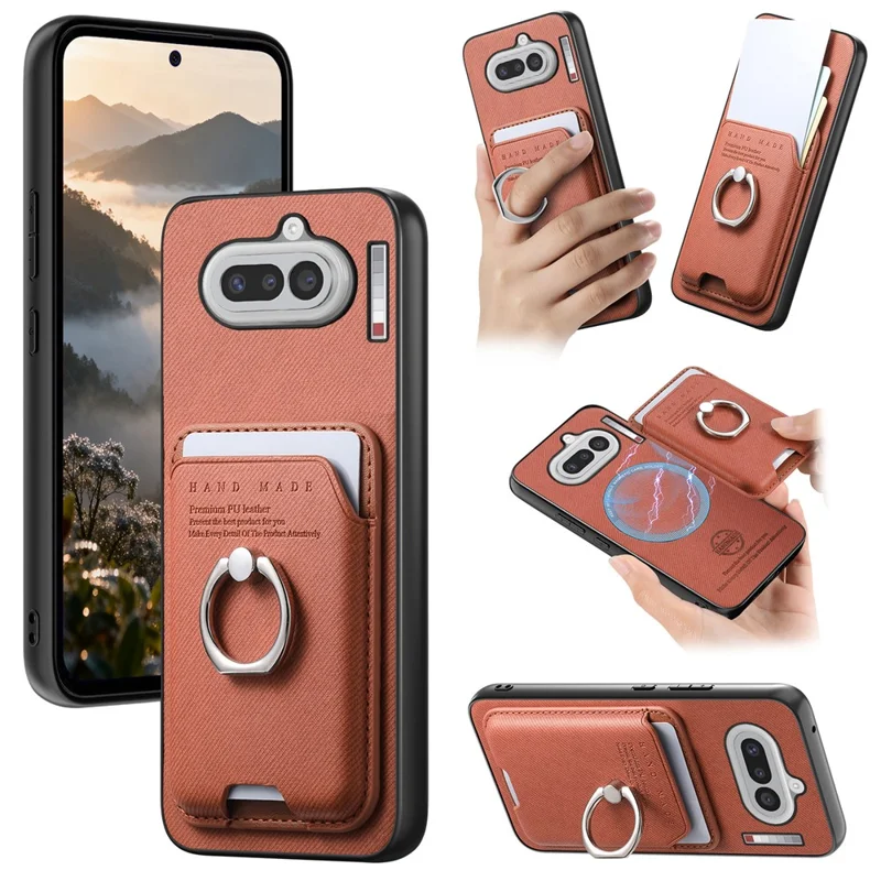 For Nothing Phone (4a) Case Cloth Texture  Leather + PC + TPU Phone Cover with Detachable Magnetic Ring Kickstand Card Holder - Brown
