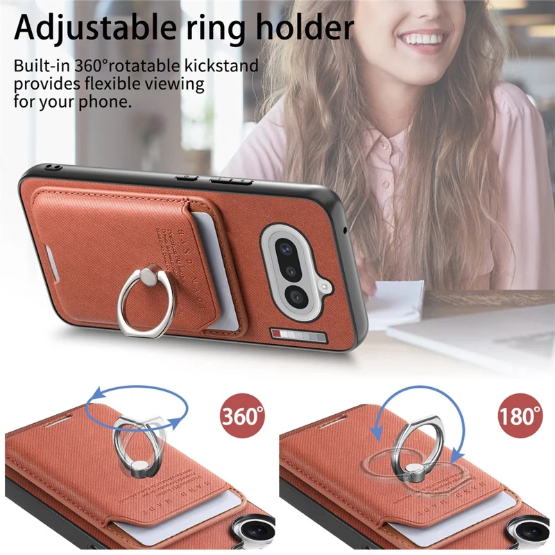 For Nothing Phone (4a) Case Cloth Texture  Leather + PC + TPU Phone Cover with Detachable Magnetic Ring Kickstand Card Holder - Brown
