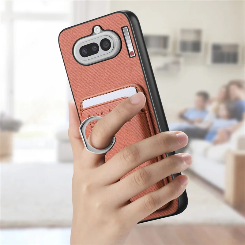 For Nothing Phone (4a) Case Cloth Texture  Leather + PC + TPU Phone Cover with Detachable Magnetic Ring Kickstand Card Holder - Brown