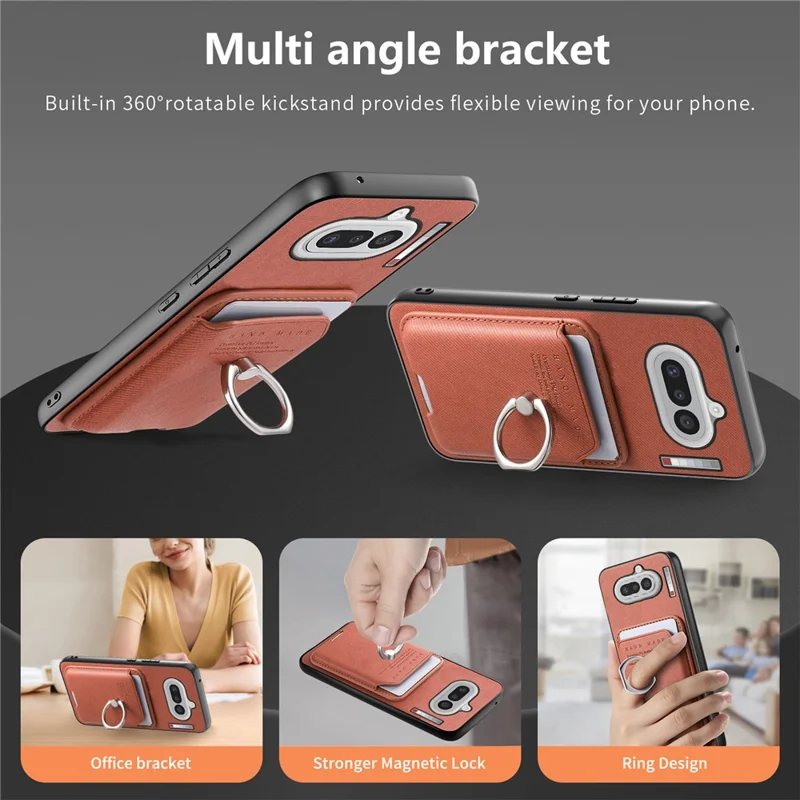 For Nothing Phone (4a) Case Cloth Texture  Leather + PC + TPU Phone Cover with Detachable Magnetic Ring Kickstand Card Holder - Brown
