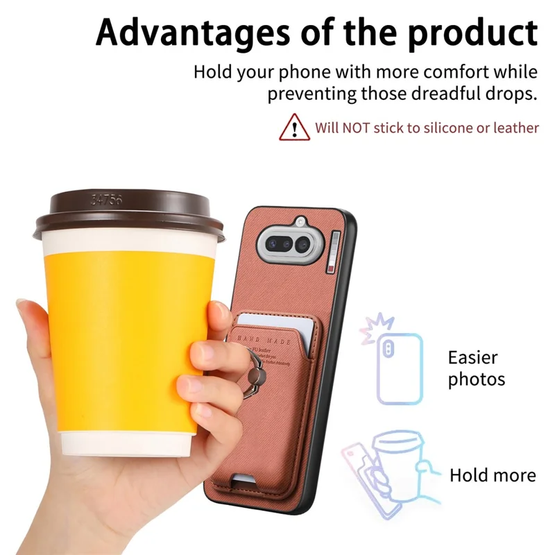 For Nothing Phone (4a) Case Cloth Texture  Leather + PC + TPU Phone Cover with Detachable Magnetic Ring Kickstand Card Holder - Brown