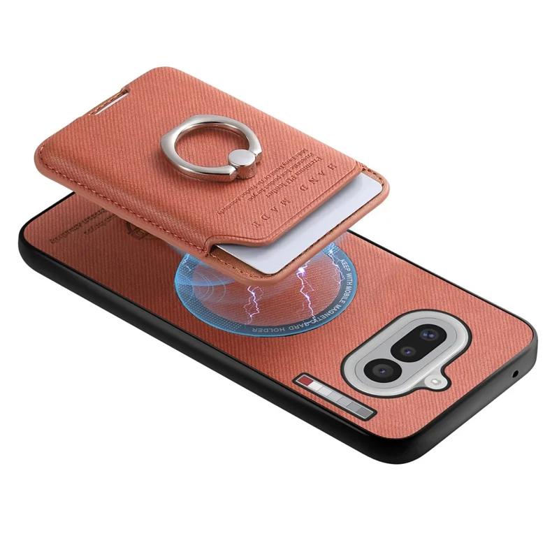 For Nothing Phone (4a) Case Cloth Texture  Leather + PC + TPU Phone Cover with Detachable Magnetic Ring Kickstand Card Holder - Brown