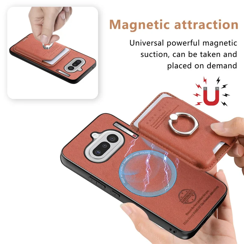For Nothing Phone (4a) Case Cloth Texture  Leather + PC + TPU Phone Cover with Detachable Magnetic Ring Kickstand Card Holder - Brown