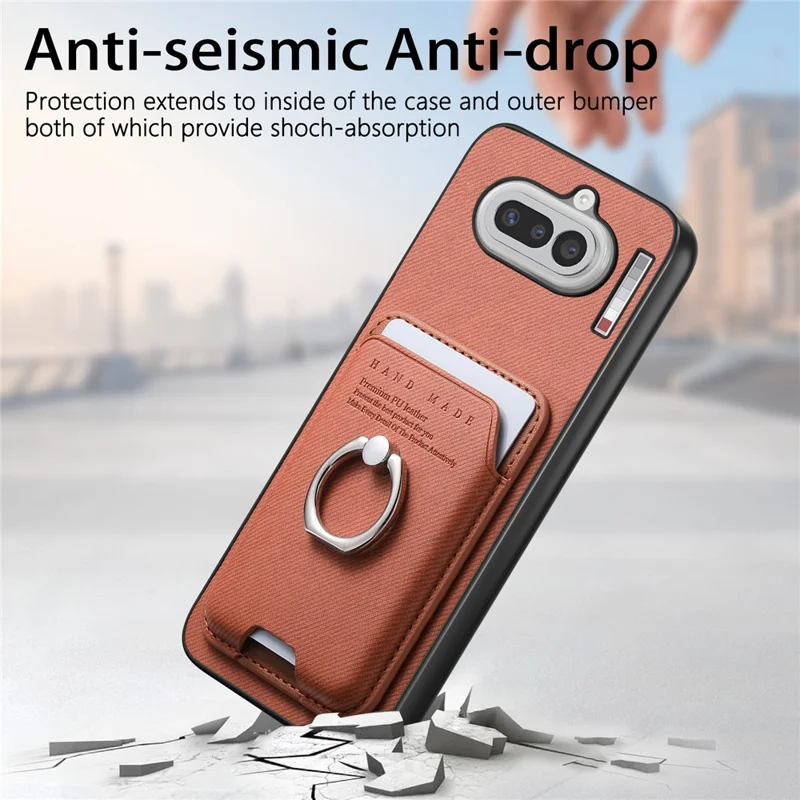 For Nothing Phone (4a) Case Cloth Texture  Leather + PC + TPU Phone Cover with Detachable Magnetic Ring Kickstand Card Holder - Brown