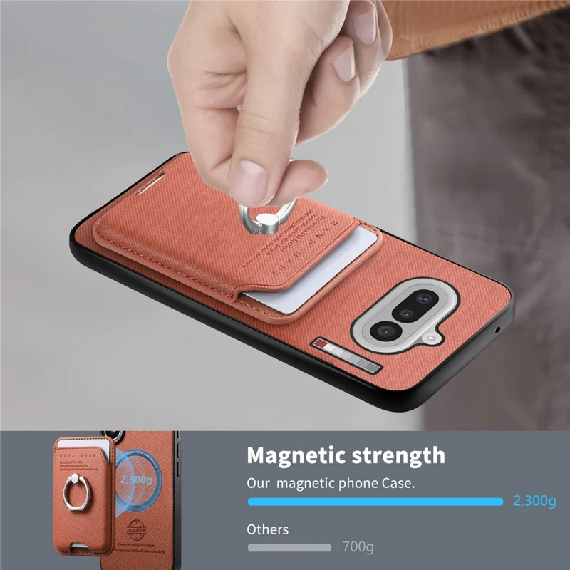 For Nothing Phone (4a) Case Cloth Texture  Leather + PC + TPU Phone Cover with Detachable Magnetic Ring Kickstand Card Holder - Brown