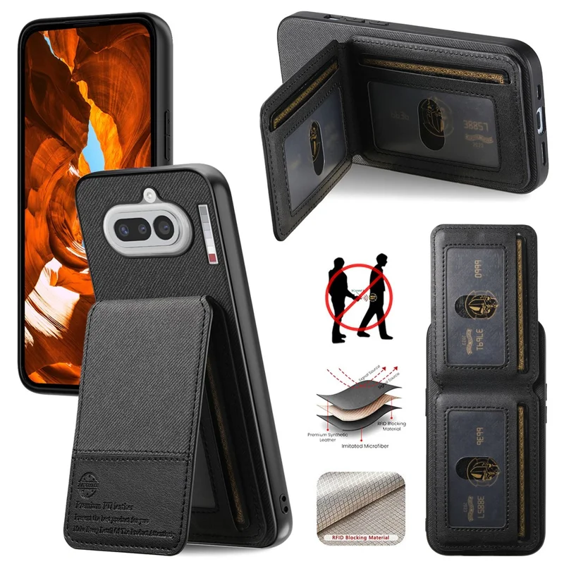 For Nothing Phone (4a) Case Cloth Texture Leather + PC + TPU Cover with RFID Blocking Card Holder - Black