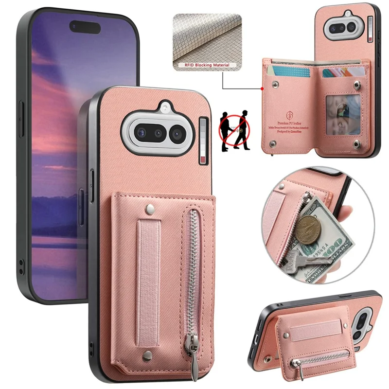 For Nothing Phone (4a) Case RFID Blocking Card Holder Jeans Cloth Texture Leather Back Cover with Elastic Wristband - Pink