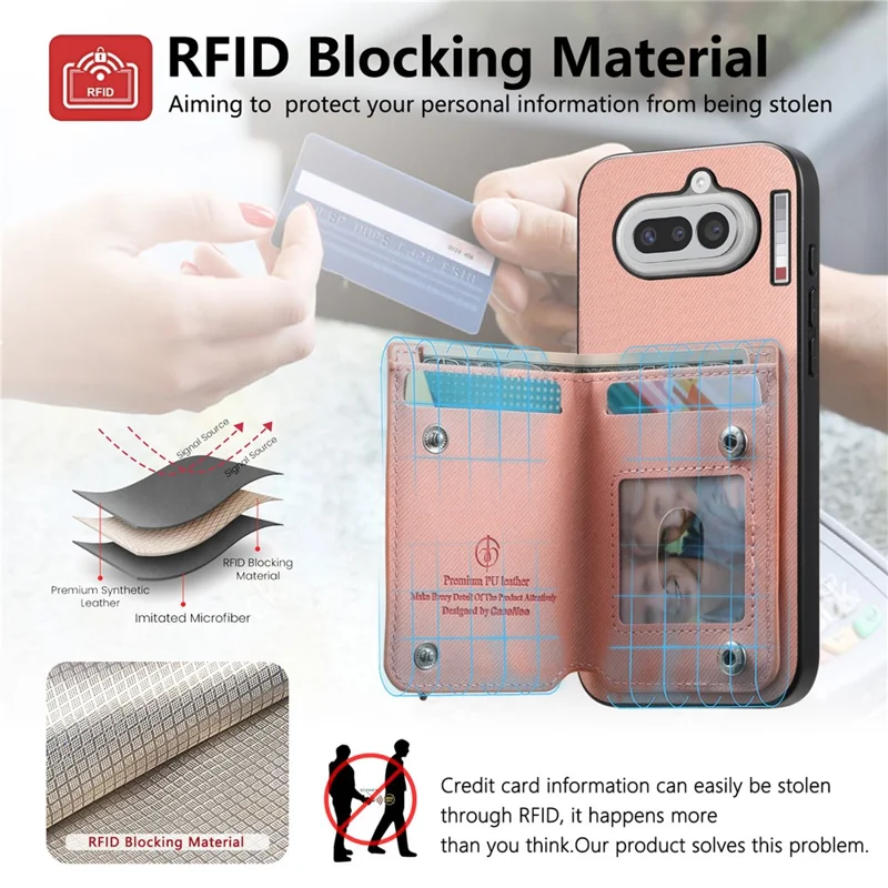 For Nothing Phone (4a) Case RFID Blocking Card Holder Jeans Cloth Texture Leather Back Cover with Elastic Wristband - Pink