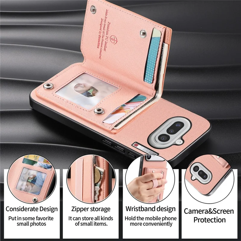For Nothing Phone (4a) Case RFID Blocking Card Holder Jeans Cloth Texture Leather Back Cover with Elastic Wristband - Pink