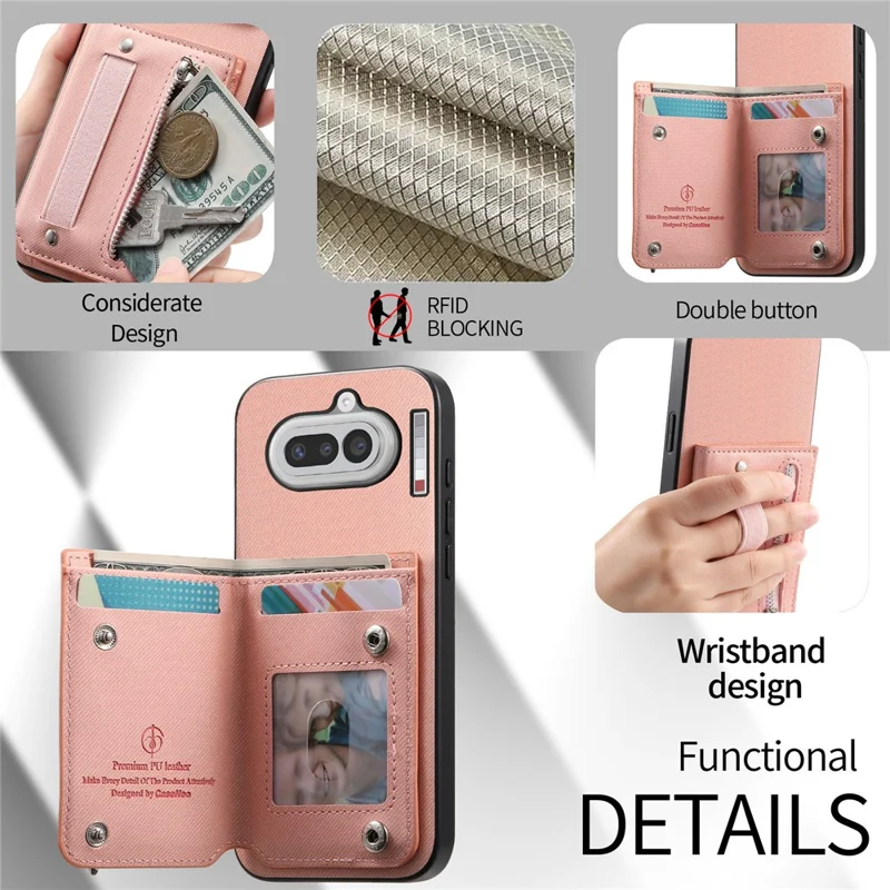 For Nothing Phone (4a) Case RFID Blocking Card Holder Jeans Cloth Texture Leather Back Cover with Elastic Wristband - Pink
