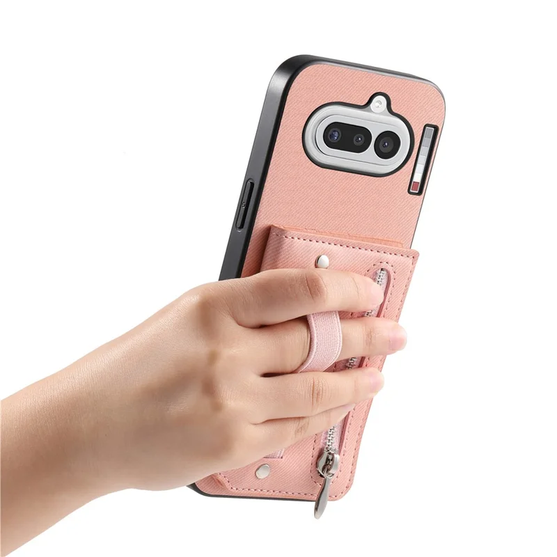 For Nothing Phone (4a) Case RFID Blocking Card Holder Jeans Cloth Texture Leather Back Cover with Elastic Wristband - Pink
