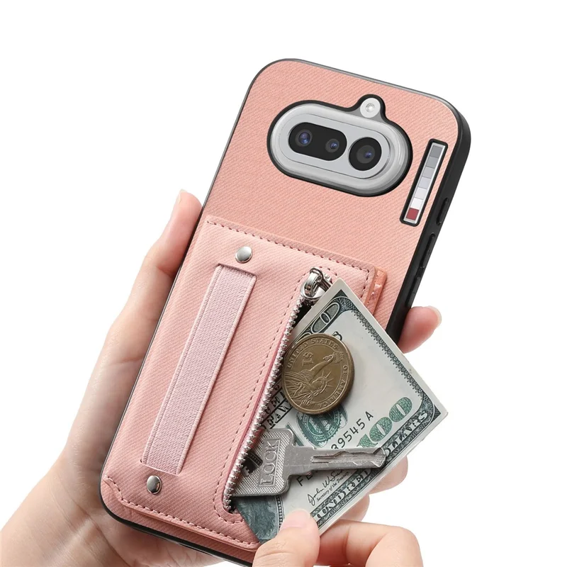 For Nothing Phone (4a) Case RFID Blocking Card Holder Jeans Cloth Texture Leather Back Cover with Elastic Wristband - Pink