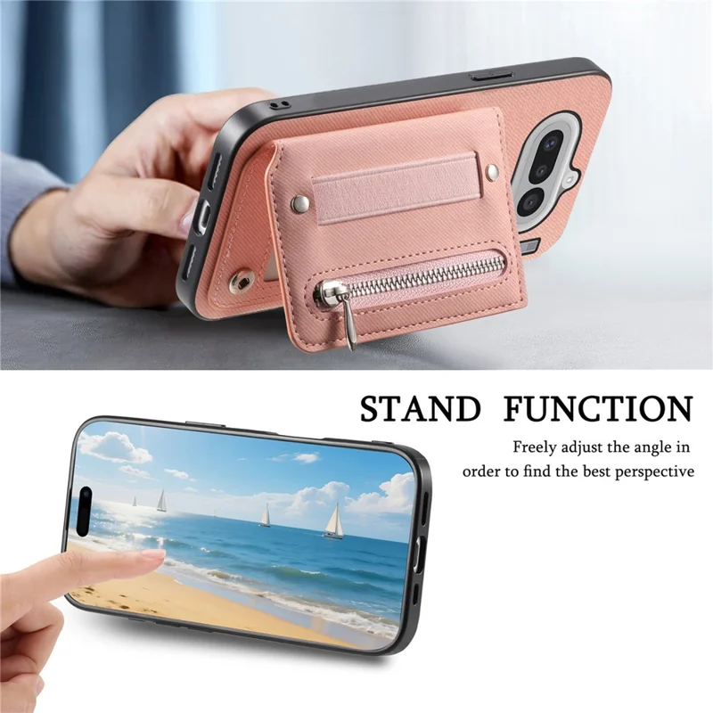 For Nothing Phone (4a) Case RFID Blocking Card Holder Jeans Cloth Texture Leather Back Cover with Elastic Wristband - Pink