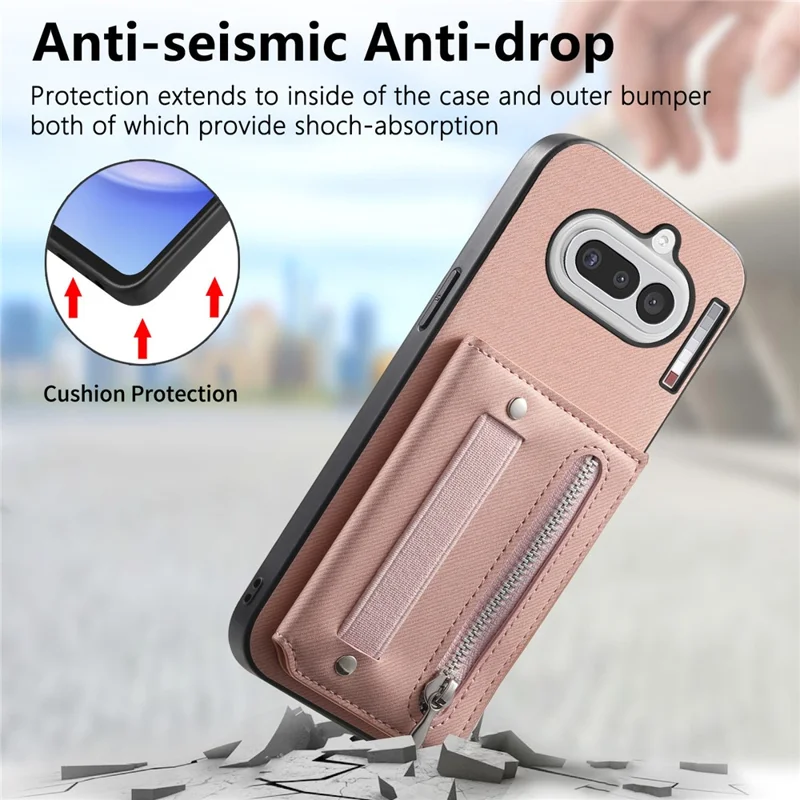 For Nothing Phone (4a) Case RFID Blocking Card Holder Jeans Cloth Texture Leather Back Cover with Elastic Wristband - Pink