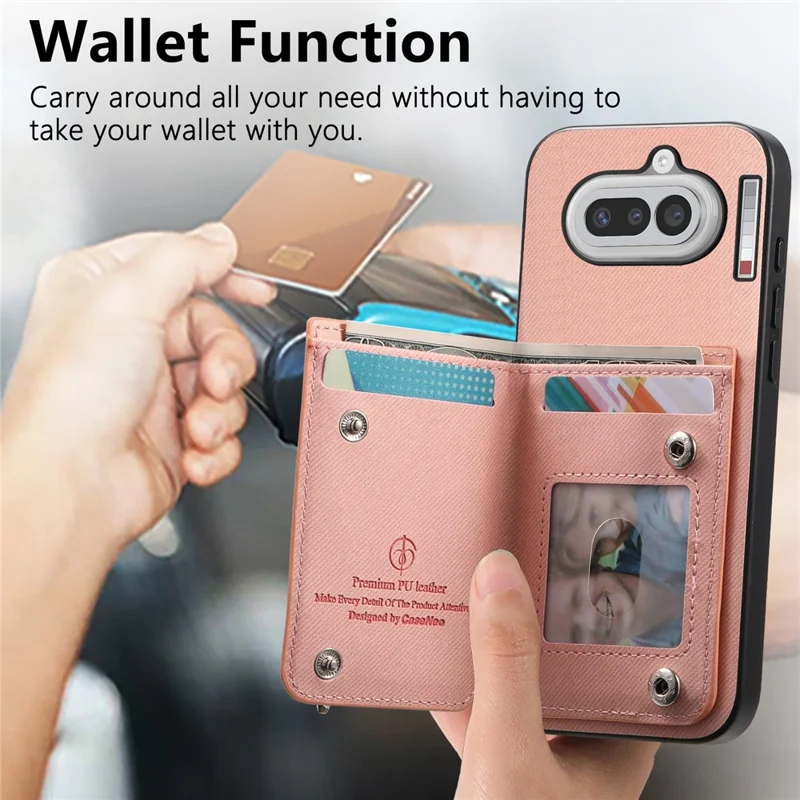 For Nothing Phone (4a) Case RFID Blocking Card Holder Jeans Cloth Texture Leather Back Cover with Elastic Wristband - Pink