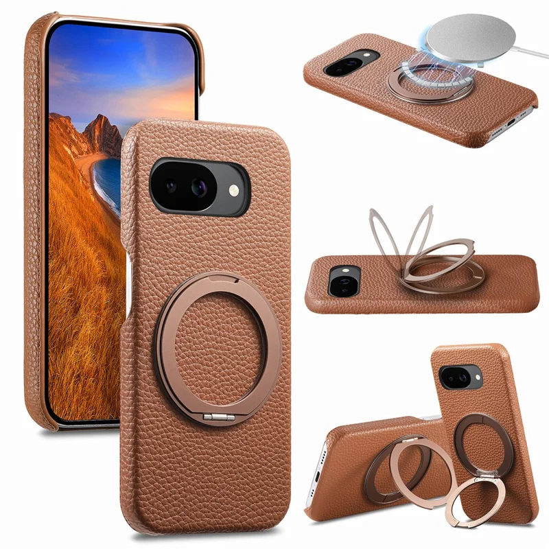 Funda magnética para Google Pixel 10a con soporte de anillo giratorio 360, carcasa de teléfono PC PU - Marrón