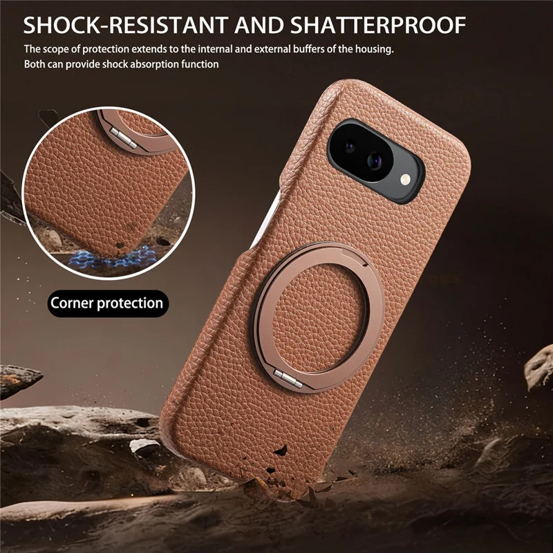 Funda magnética para Google Pixel 10a con soporte de anillo giratorio 360, carcasa de teléfono PC PU - Marrón