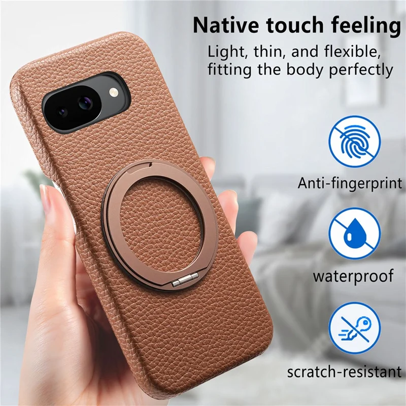 Funda magnética para Google Pixel 10a con soporte de anillo giratorio 360, carcasa de teléfono PC PU - Marrón