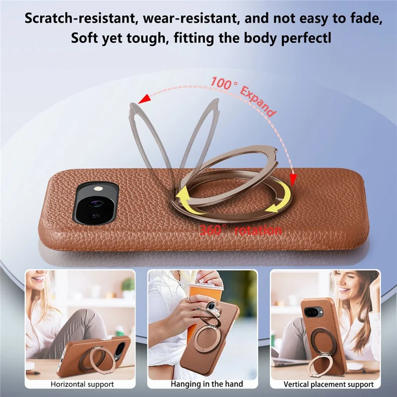 Funda magnética para Google Pixel 10a con soporte de anillo giratorio 360, carcasa de teléfono PC PU - Marrón