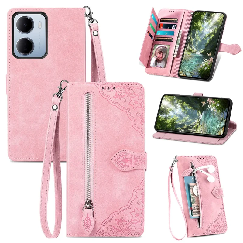 For Xiaomi Redmi 15a 5G Zipper Wallet Case with Strap Flower Imprint PU Leather Phone Cover - Pink