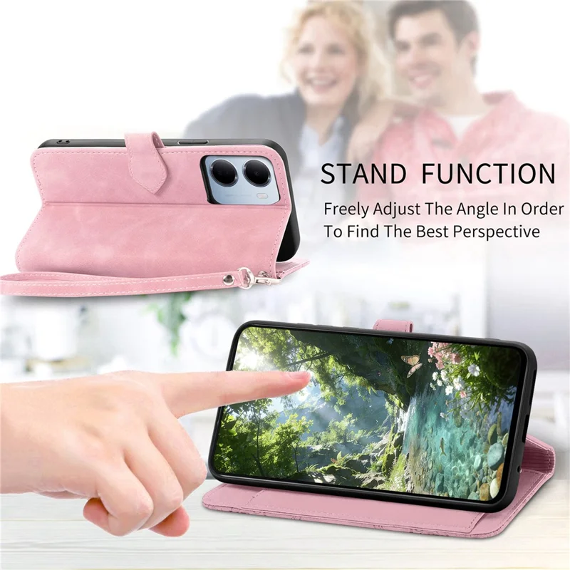 For Xiaomi Redmi 15a 5G Zipper Wallet Case with Strap Flower Imprint PU Leather Phone Cover - Pink