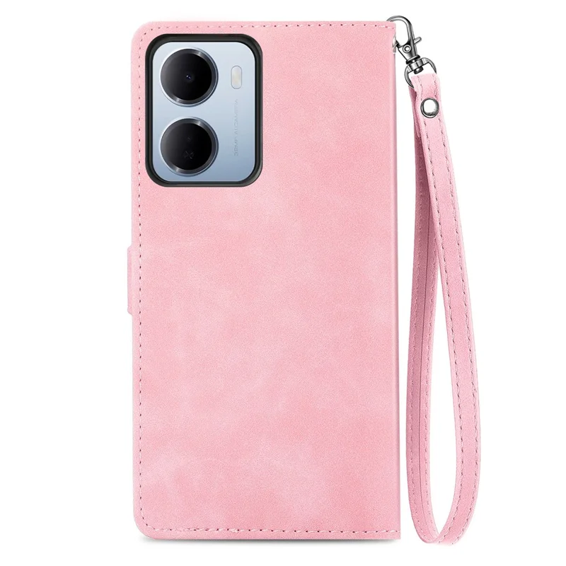 For Xiaomi Redmi 15a 5G Zipper Wallet Case with Strap Flower Imprint PU Leather Phone Cover - Pink