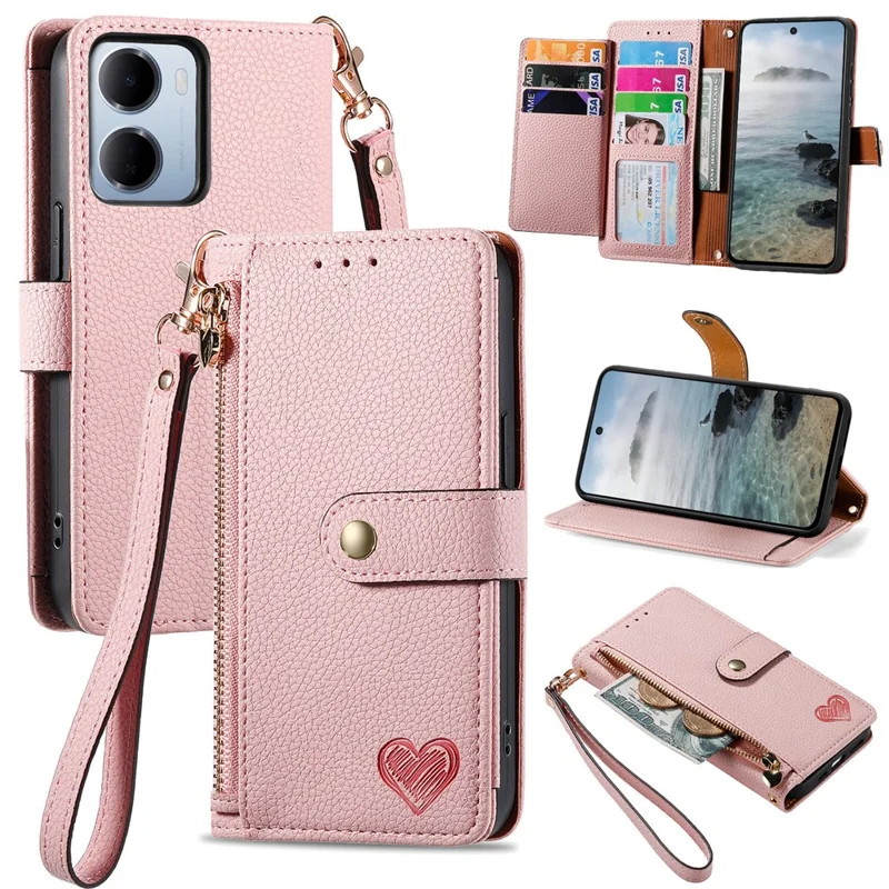Funda de Cuero con Monedero con Cremallera y Correa, con Bloqueo RFID para Xiaomi Redmi 15a 5G - Rosa