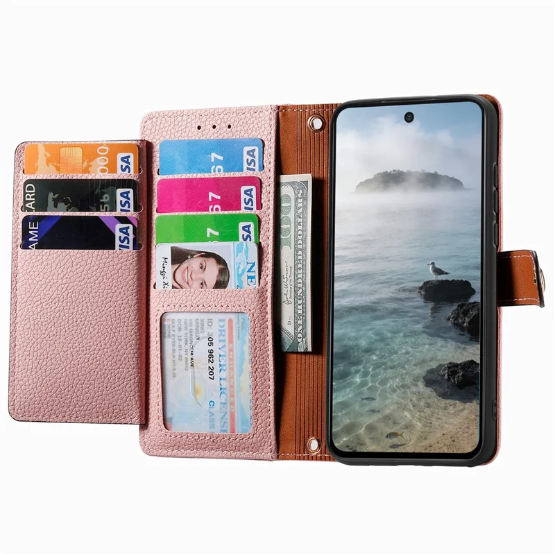 Funda de Cuero con Monedero con Cremallera y Correa, con Bloqueo RFID para Xiaomi Redmi 15a 5G - Rosa