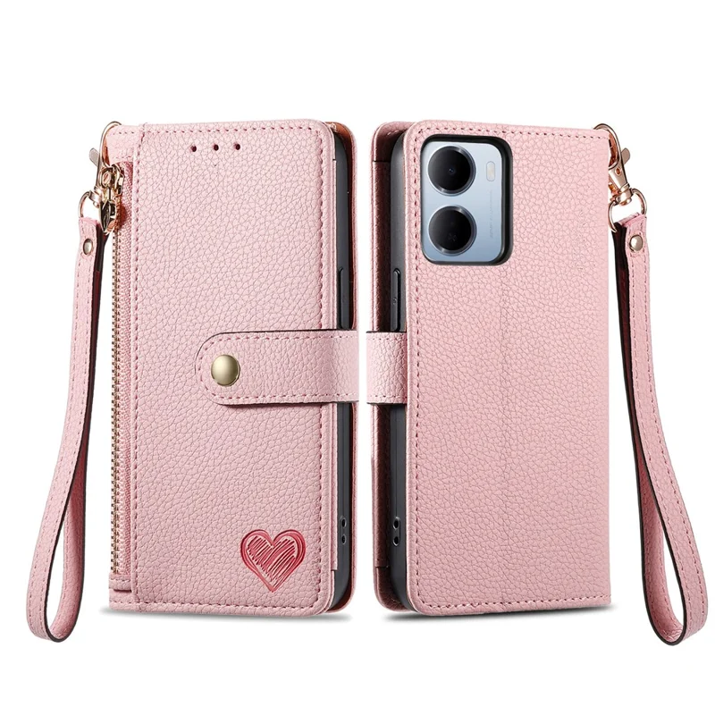 Funda de Cuero con Monedero con Cremallera y Correa, con Bloqueo RFID para Xiaomi Redmi 15a 5G - Rosa