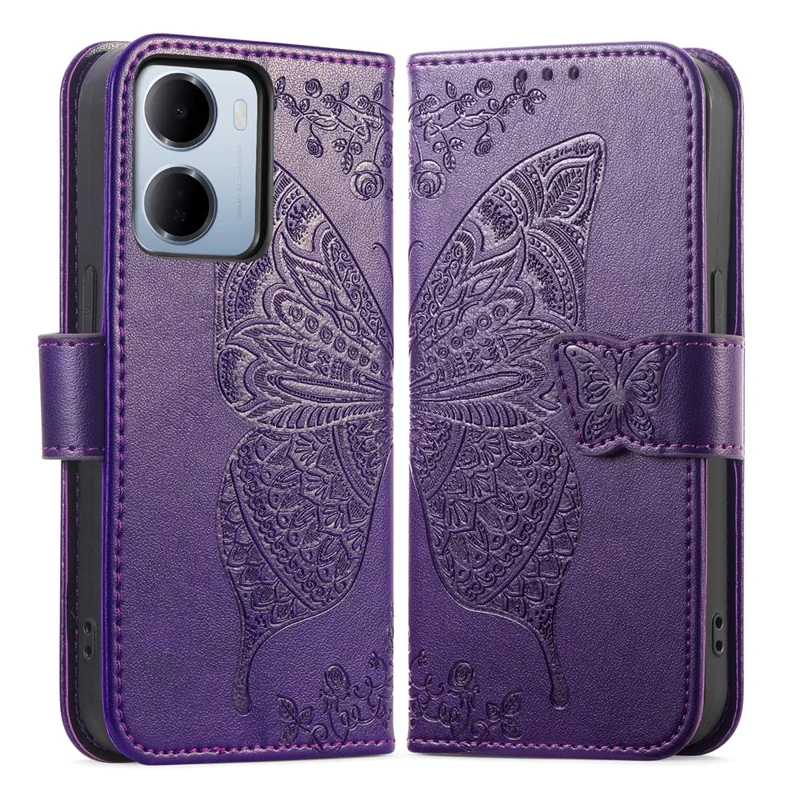 For Xiaomi Redmi 15a 5G Case with Strap Butterfly Pattern PU Leather Wallet Phone Cover - Dark Purple
