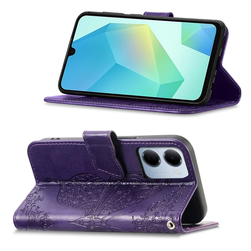 For Xiaomi Redmi 15a 5G Case with Strap Butterfly Pattern PU Leather Wallet Phone Cover - Dark Purple