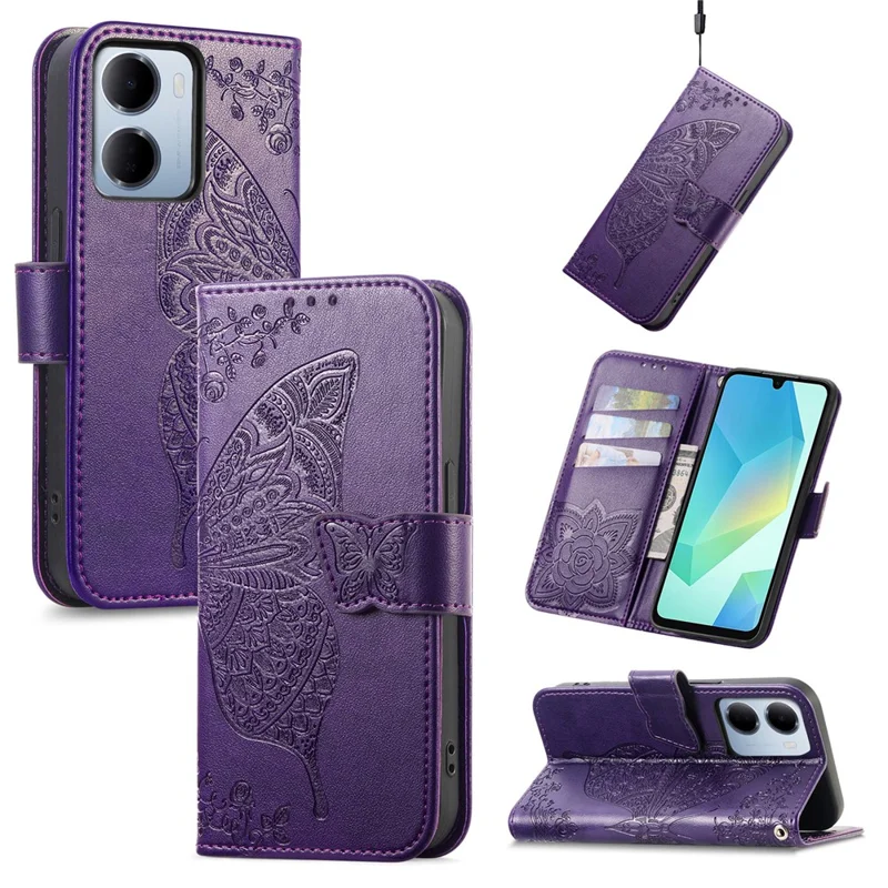 For Xiaomi Redmi 15a 5G Case with Strap Butterfly Pattern PU Leather Wallet Phone Cover - Dark Purple