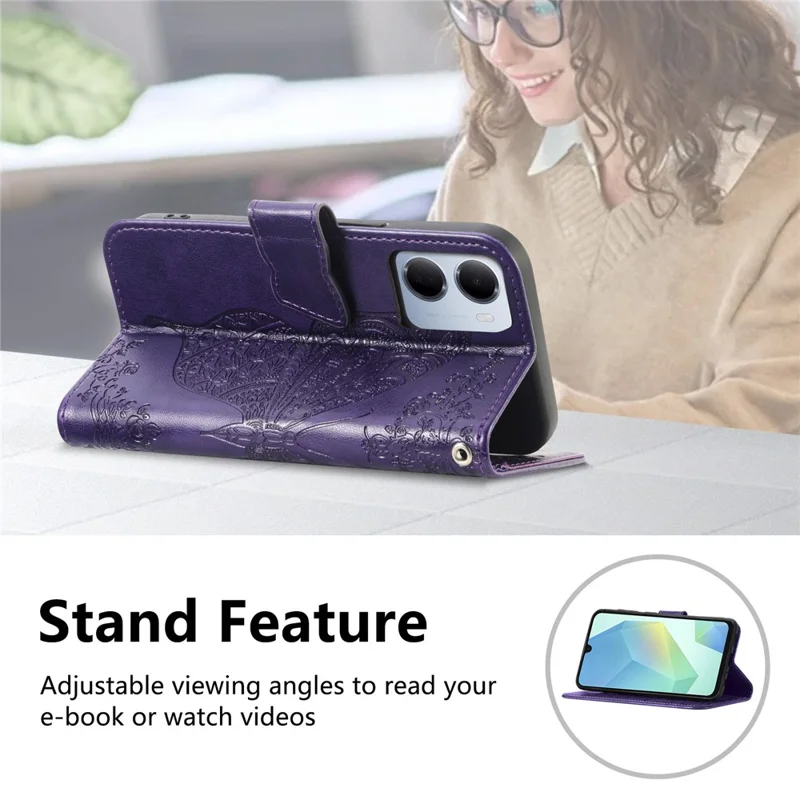 For Xiaomi Redmi 15a 5G Case with Strap Butterfly Pattern PU Leather Wallet Phone Cover - Dark Purple