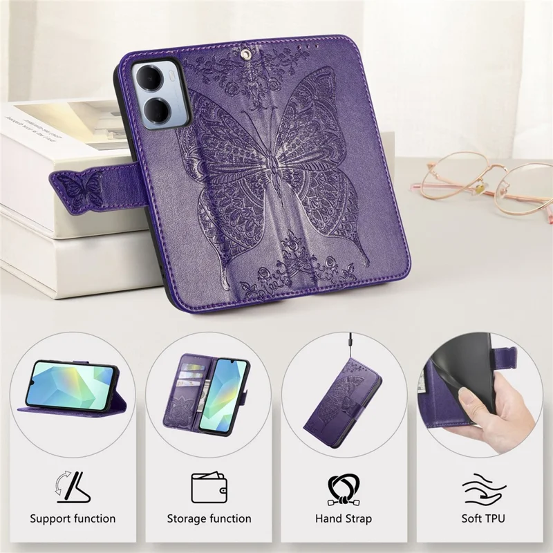 For Xiaomi Redmi 15a 5G Case with Strap Butterfly Pattern PU Leather Wallet Phone Cover - Dark Purple
