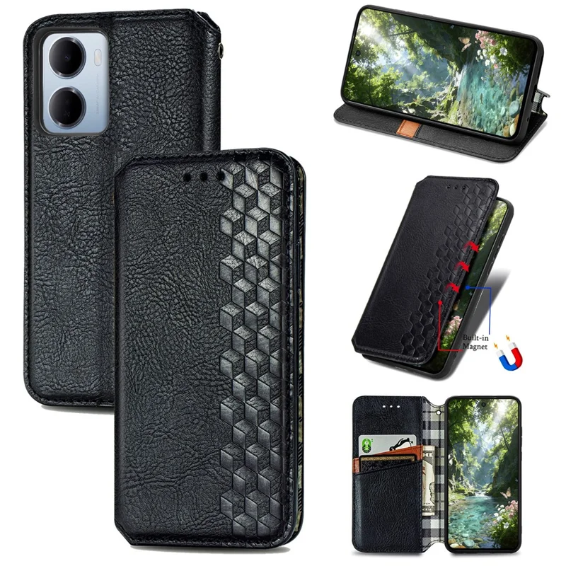 Cover per Xiaomi Redmi 15a 5G con Stampa Rombo, Custodia Portafoglio in PU Leather - Nero