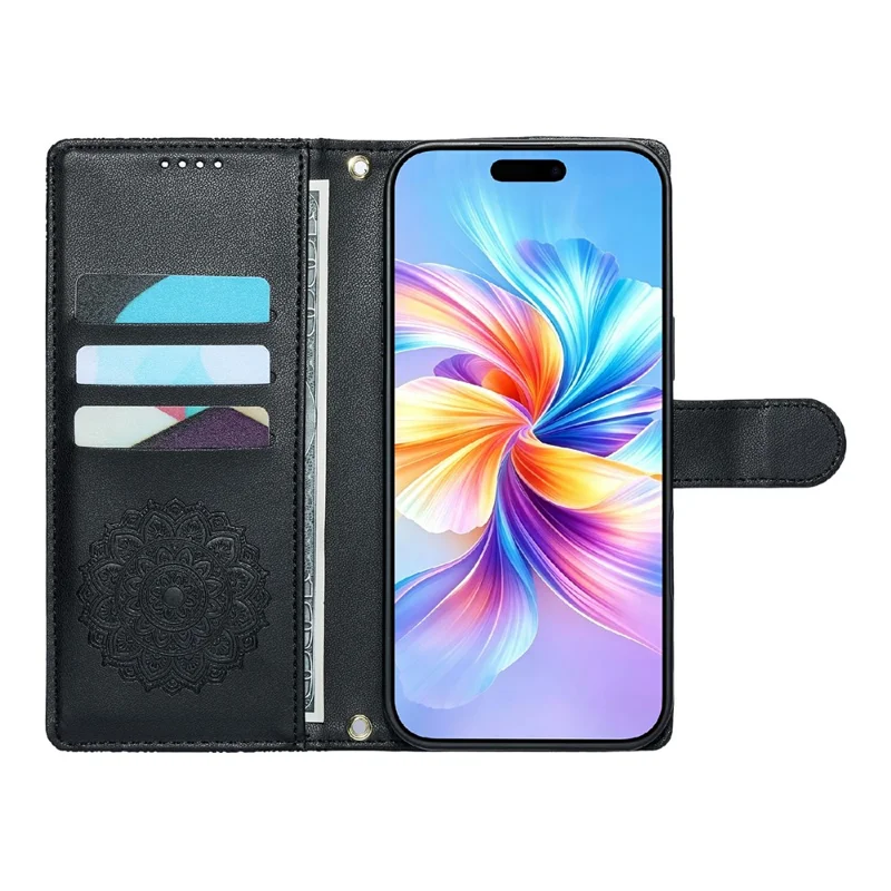 For iPhone 17 Pro Case Embossed Totem Leather Flip Wallet Phone Cover with Wrist Strap - Black