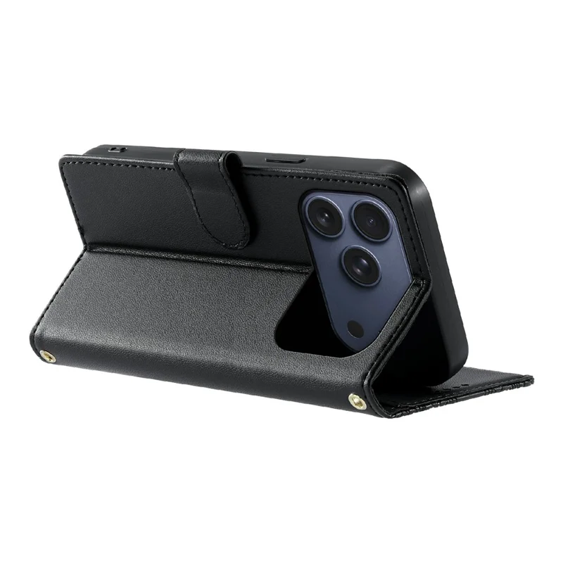 For iPhone 17 Pro Case Embossed Totem Leather Flip Wallet Phone Cover with Wrist Strap - Black
