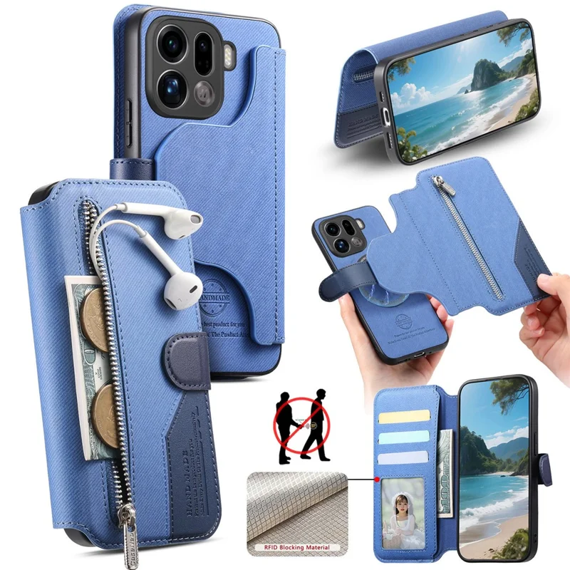 Funda magnética para Oppo Find X9 Pro 5G con bloqueo RFID, cartera desmontable, soporte, textura de cuero - Azul