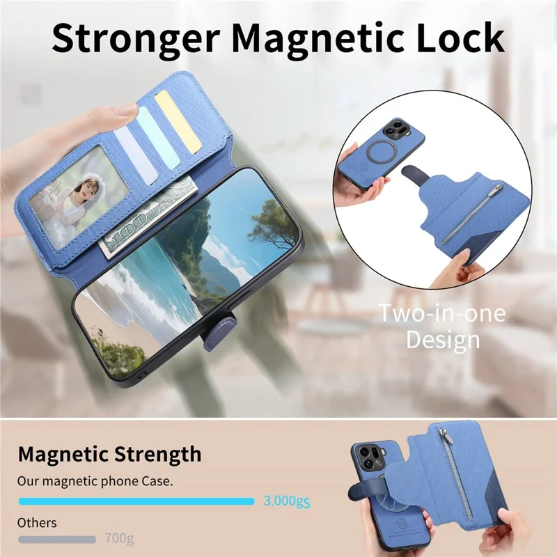 Funda magnética para Oppo Find X9 Pro 5G con bloqueo RFID, cartera desmontable, soporte, textura de cuero - Azul